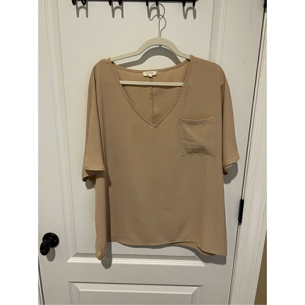 Le Miel Beige Tan Boxy Cut Pocket Blouse Top